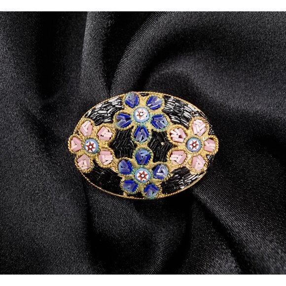 Rare Find Vintage 1940s Italian Signed Micro Mosaic Floral Oval Brooch - Picture 2 of 5